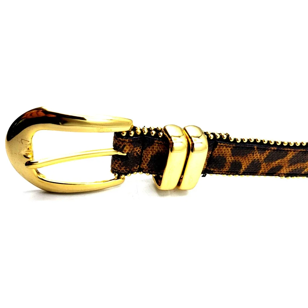 Amiee Lynn Leopard Print Leather Belt Gold Studded with Gold Buckle Size Small
